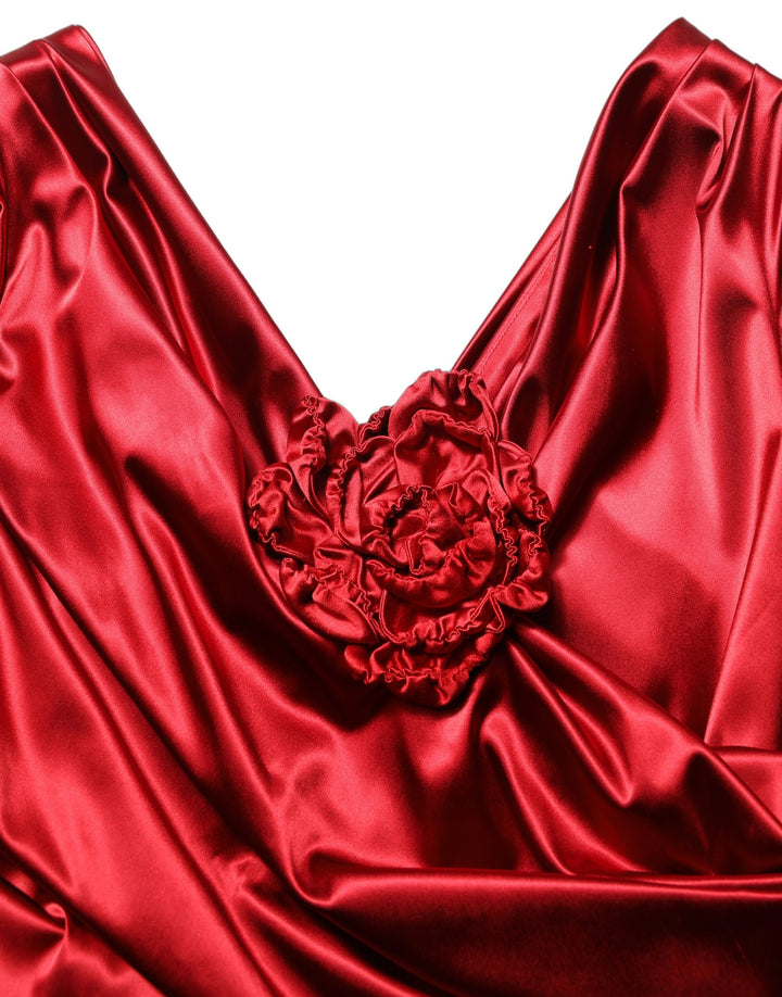 Dolce &amp; Gabbana Red Silk Satin Draped Midi Floral Applique Dress