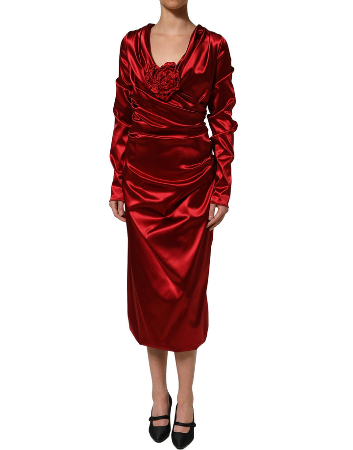 Dolce &amp; Gabbana Red Silk Satin Draped Midi Floral Applique Dress
