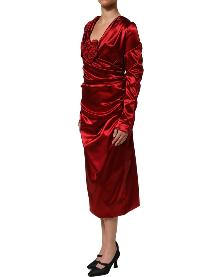 Dolce &amp; Gabbana Red Silk Satin Draped Midi Floral Applique Dress