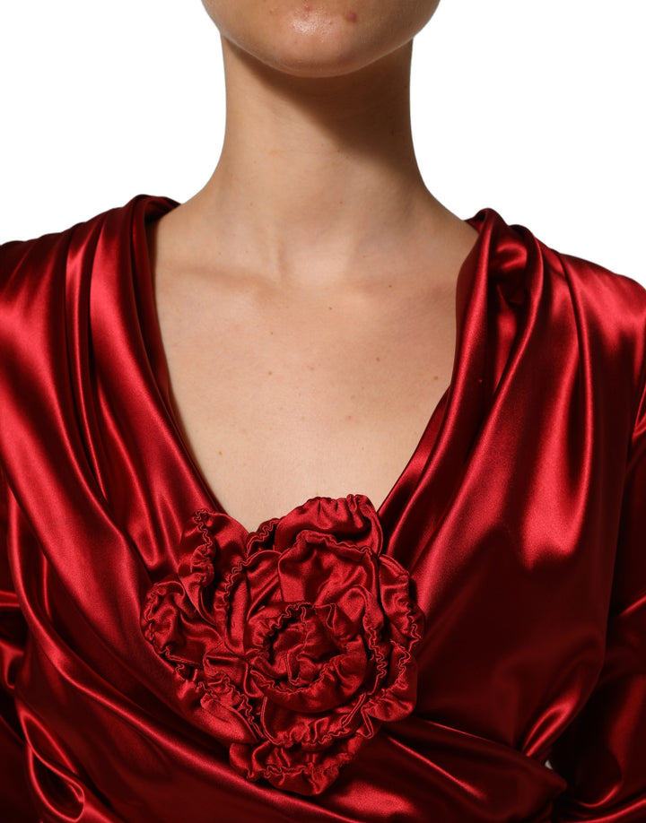 Dolce &amp; Gabbana Red Silk Satin Draped Midi Floral Applique Dress