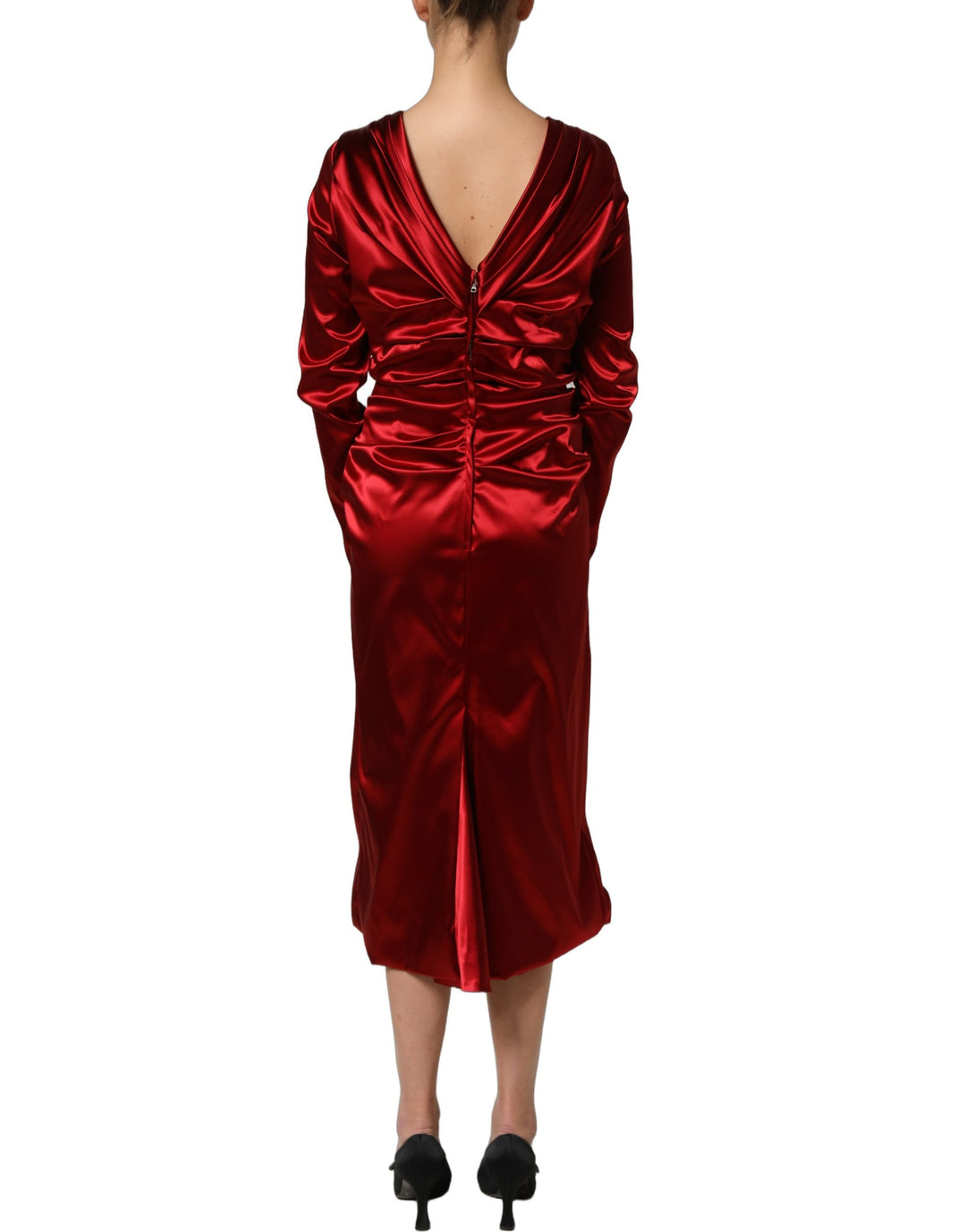 Dolce &amp; Gabbana Red Silk Satin Draped Midi Floral Applique Dress