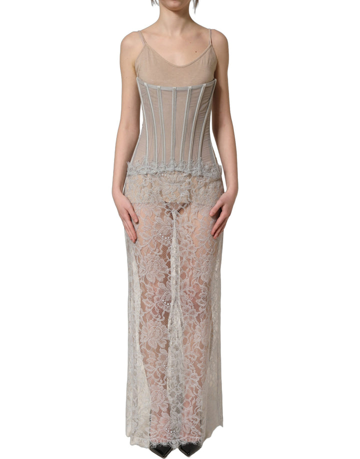 Dolce &amp; Gabbana Gray Lace Corset Style Bodice Maxi Dress