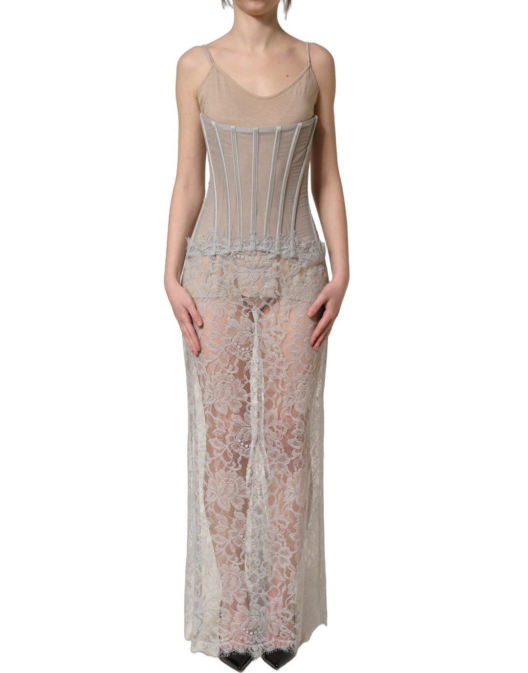 Dolce &amp; Gabbana Gray Lace Corset Style Bodice Maxi Dress