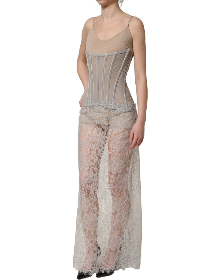 Dolce &amp; Gabbana Gray Lace Corset Style Bodice Maxi Dress