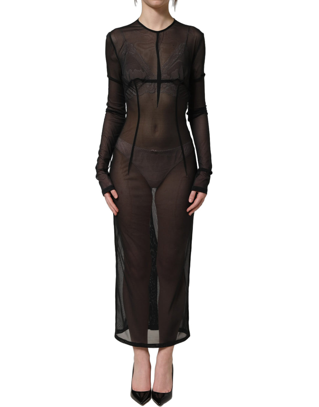 Dolce &amp; Gabbana Black Long Sleeve Sheer Fitted Maxi Dress