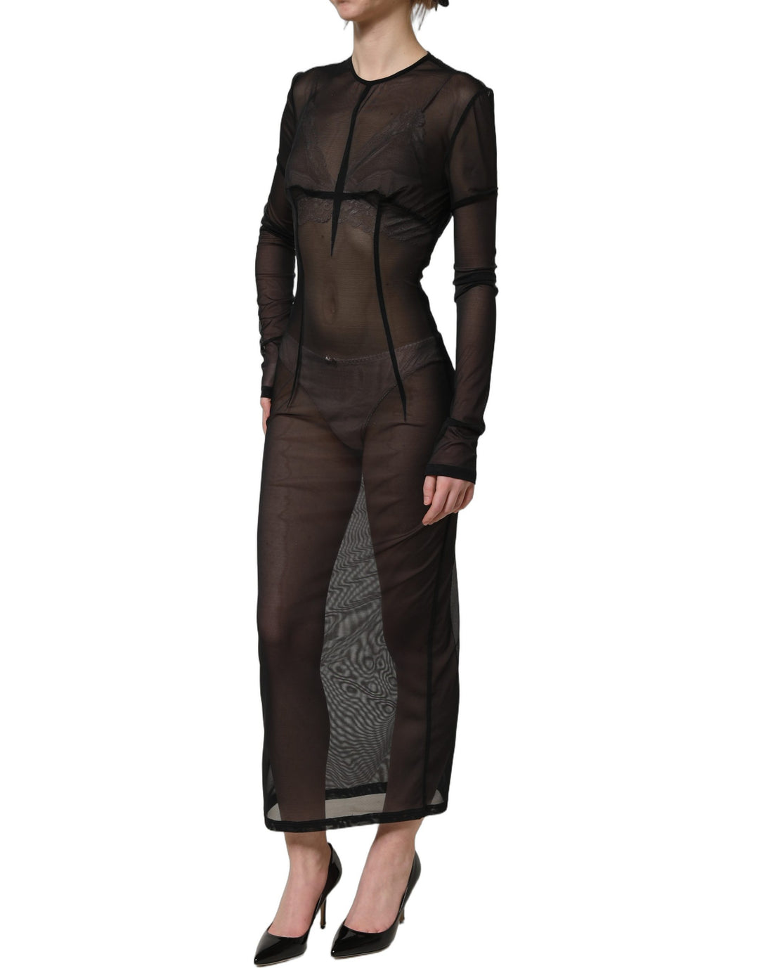 Dolce &amp; Gabbana Black Long Sleeve Sheer Fitted Maxi Dress
