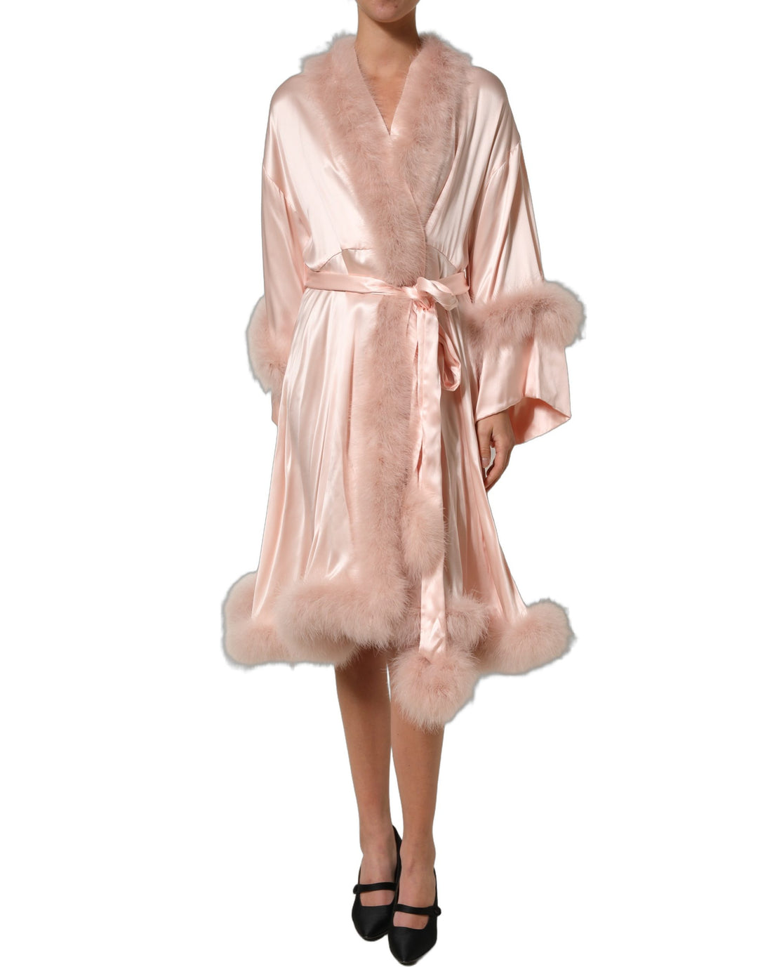 Dolce &amp; Gabbana Light Pink Silk Turkey Feather Wrap Midi Dress