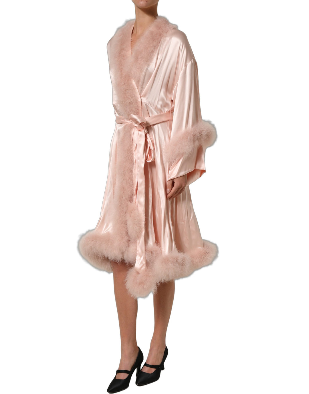Dolce &amp; Gabbana Light Pink Silk Turkey Feather Wrap Midi Dress