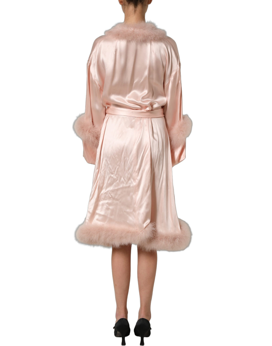 Dolce &amp; Gabbana Light Pink Silk Turkey Feather Wrap Midi Dress