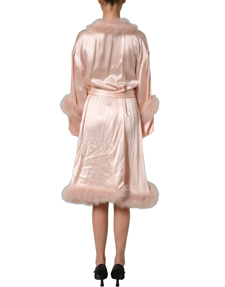 Dolce &amp; Gabbana Light Pink Silk Turkey Feather Wrap Midi Dress
