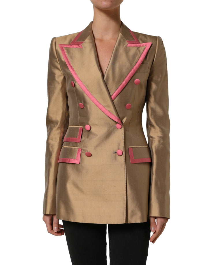 Dolce &amp; Gabbana Gold Silk Double Breasted Coat Blazer Jacket