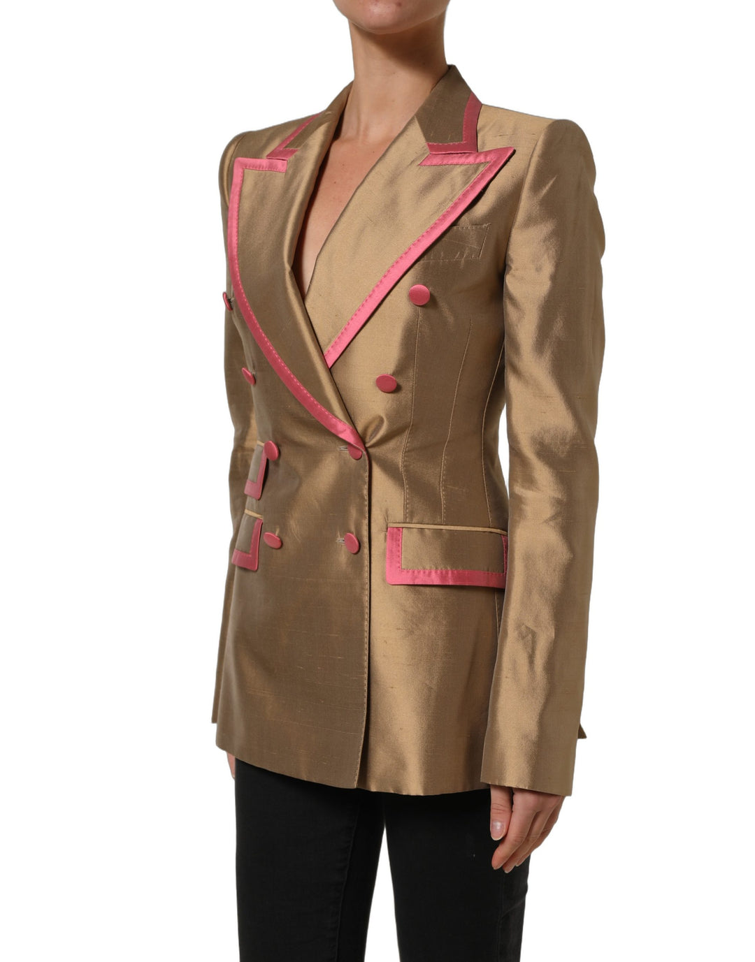 Dolce &amp; Gabbana Gold Silk Double Breasted Coat Blazer Jacket