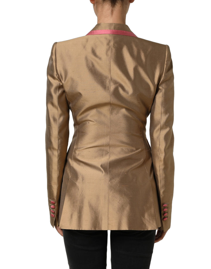 Dolce &amp; Gabbana Gold Silk Double Breasted Coat Blazer Jacket