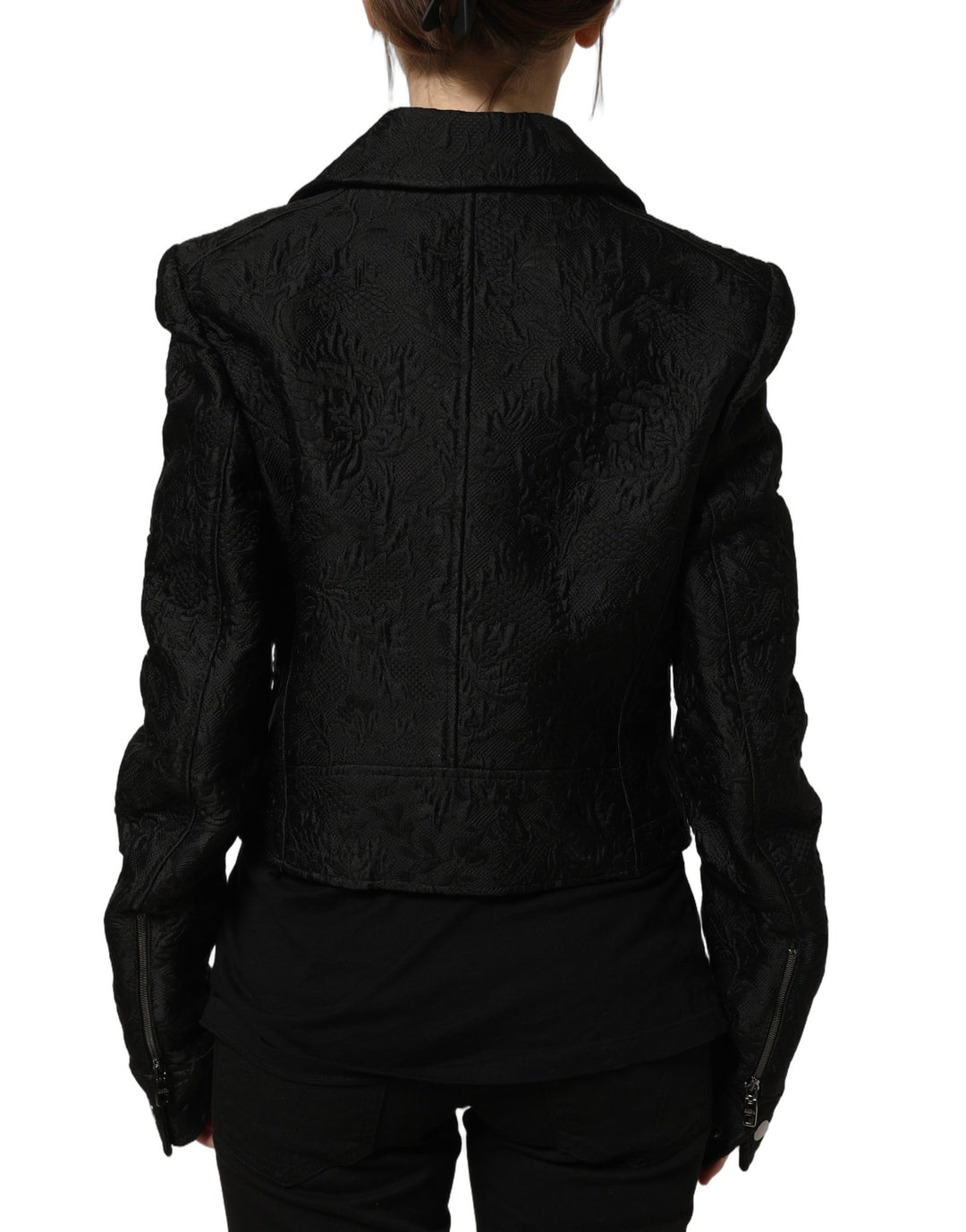 Dolce &amp; Gabbana Black Floral Brocade Biker Blouson Jacket