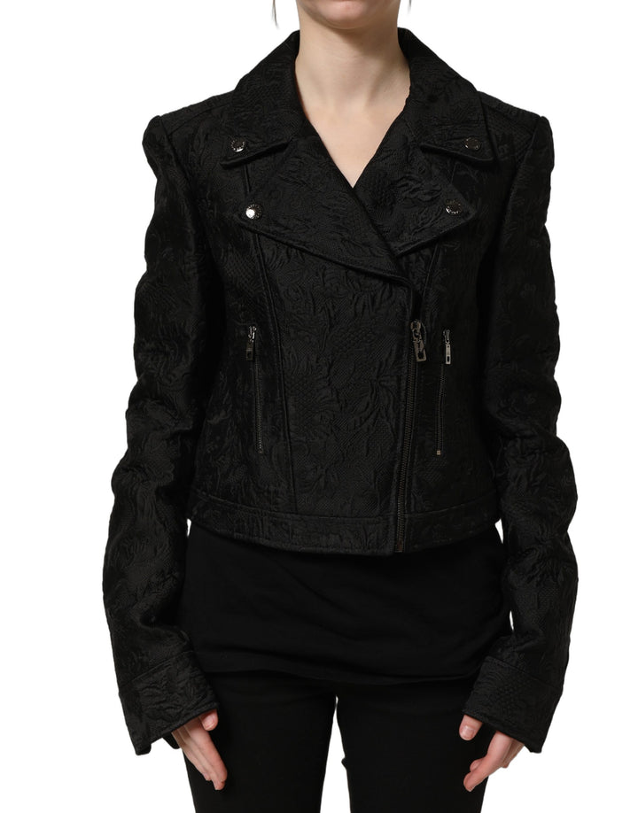 Dolce &amp; Gabbana Black Floral Brocade Biker Blouson Jacket