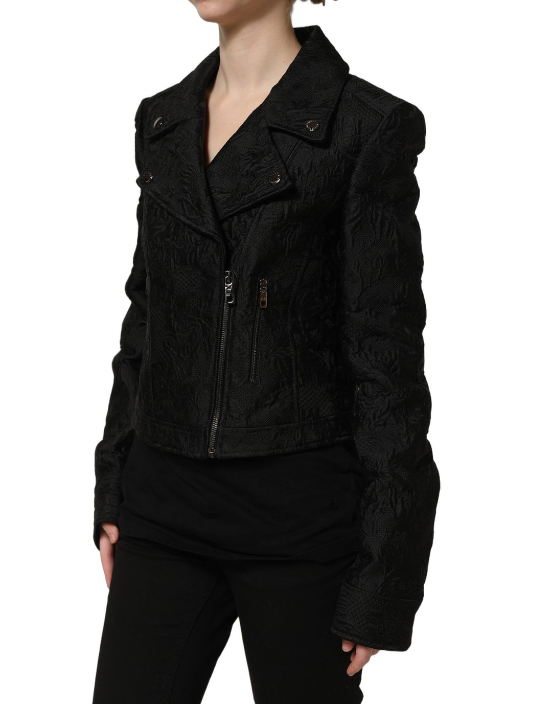 Dolce &amp; Gabbana Black Floral Brocade Biker Blouson Jacket