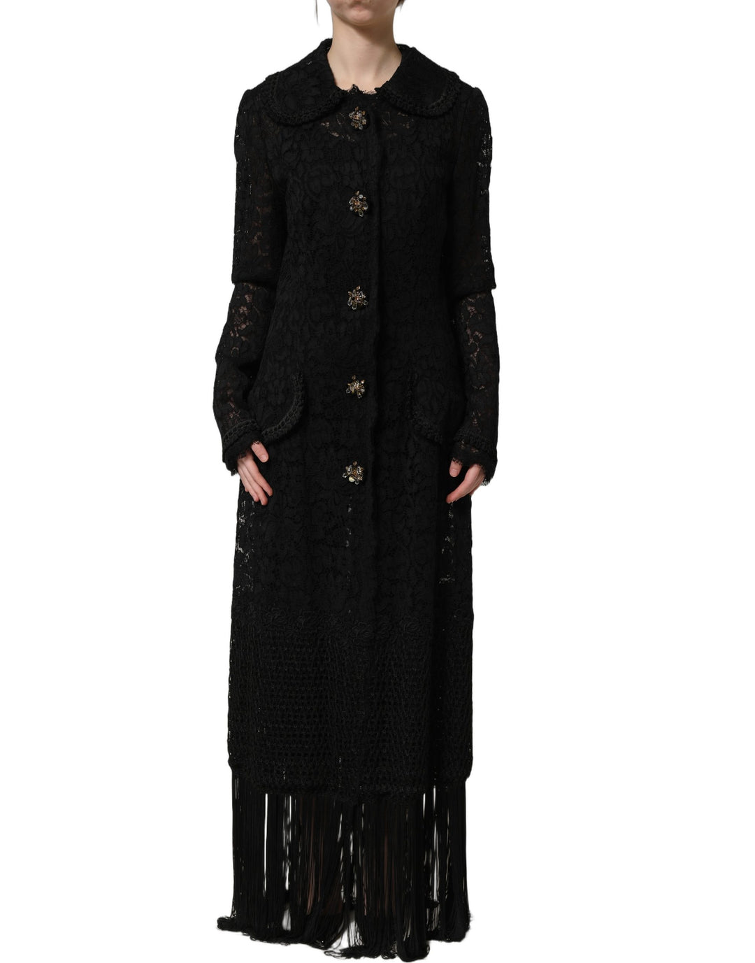 Dolce &amp; Gabbana Black Embellished Guipure Lace Coat Jacket