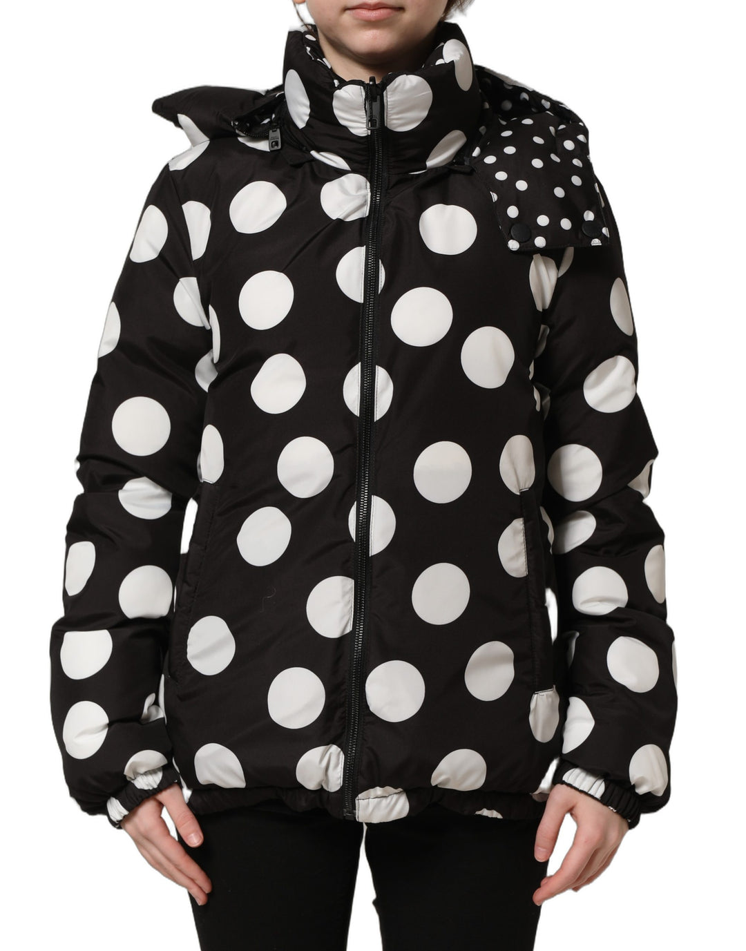 Dolce &amp; Gabbana Black White Polka Dot Hooded Blouson Jacket