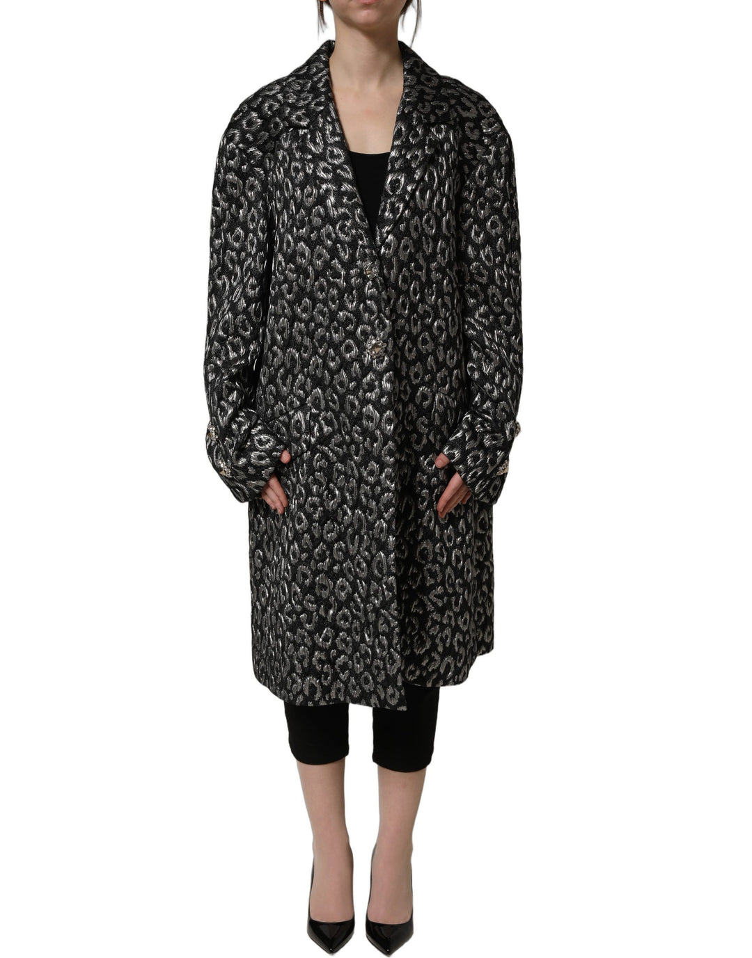 Dolce &amp; Gabbana Black Silver Jacquard Leopard Coat Jacket