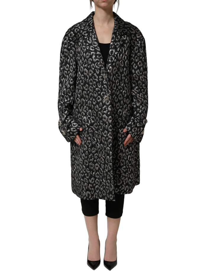 Dolce &amp; Gabbana Black Silver Jacquard Leopard Coat Jacket