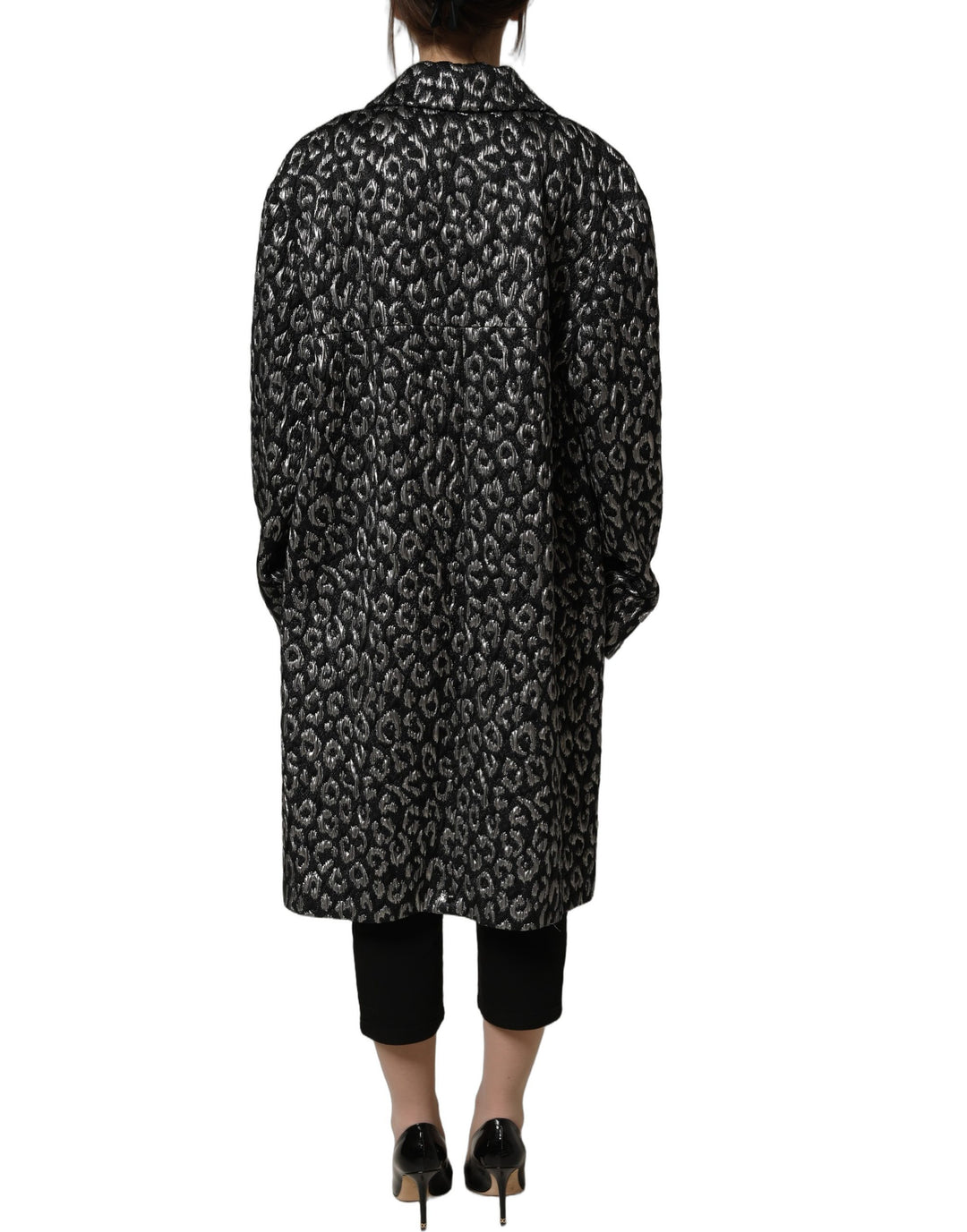 Dolce &amp; Gabbana Black Silver Jacquard Leopard Coat Jacket