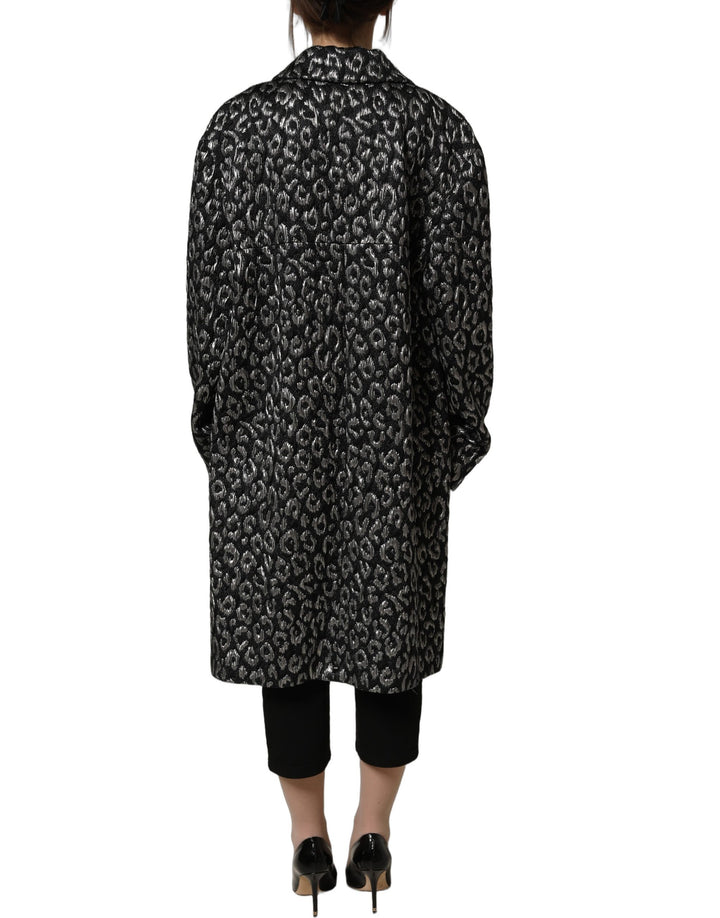 Dolce &amp; Gabbana Black Silver Jacquard Leopard Coat Jacket