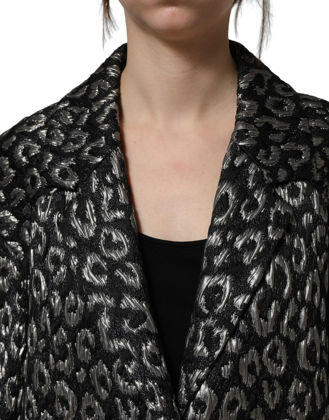 Dolce &amp; Gabbana Black Silver Jacquard Leopard Coat Jacket