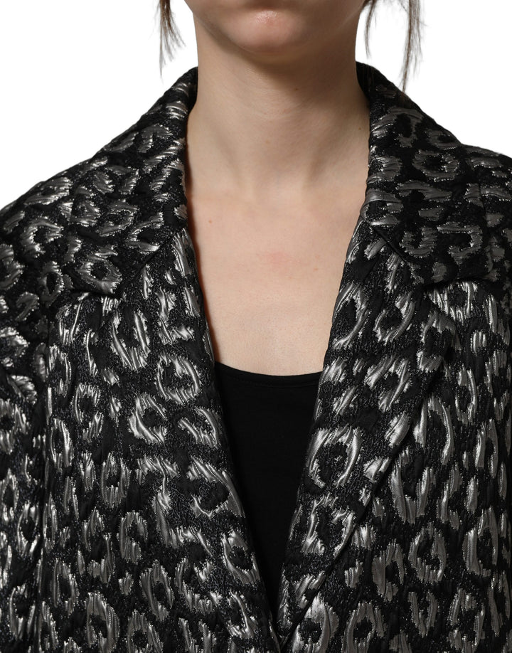 Dolce &amp; Gabbana Black Silver Jacquard Leopard Coat Jacket