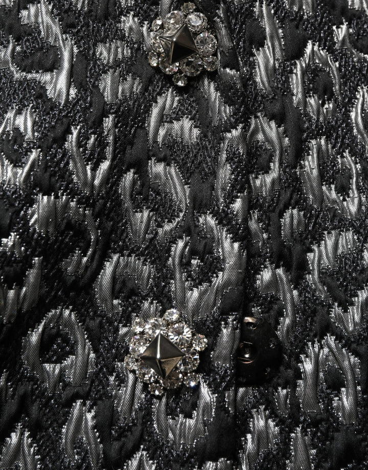Dolce &amp; Gabbana Black Silver Jacquard Leopard Coat Jacket