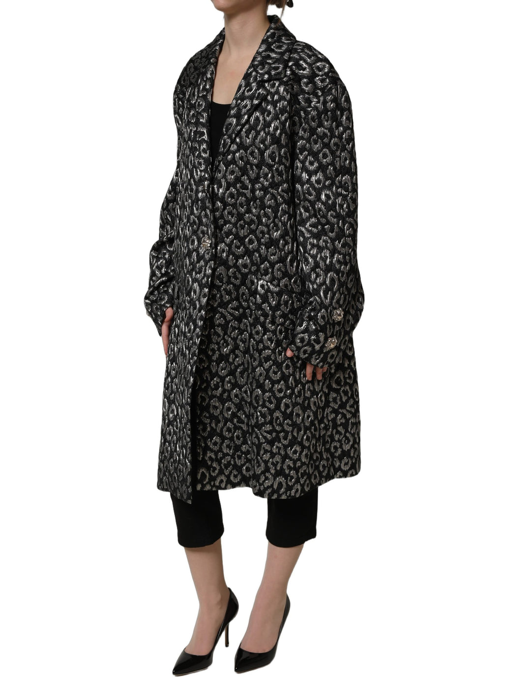 Dolce &amp; Gabbana Black Silver Jacquard Leopard Coat Jacket