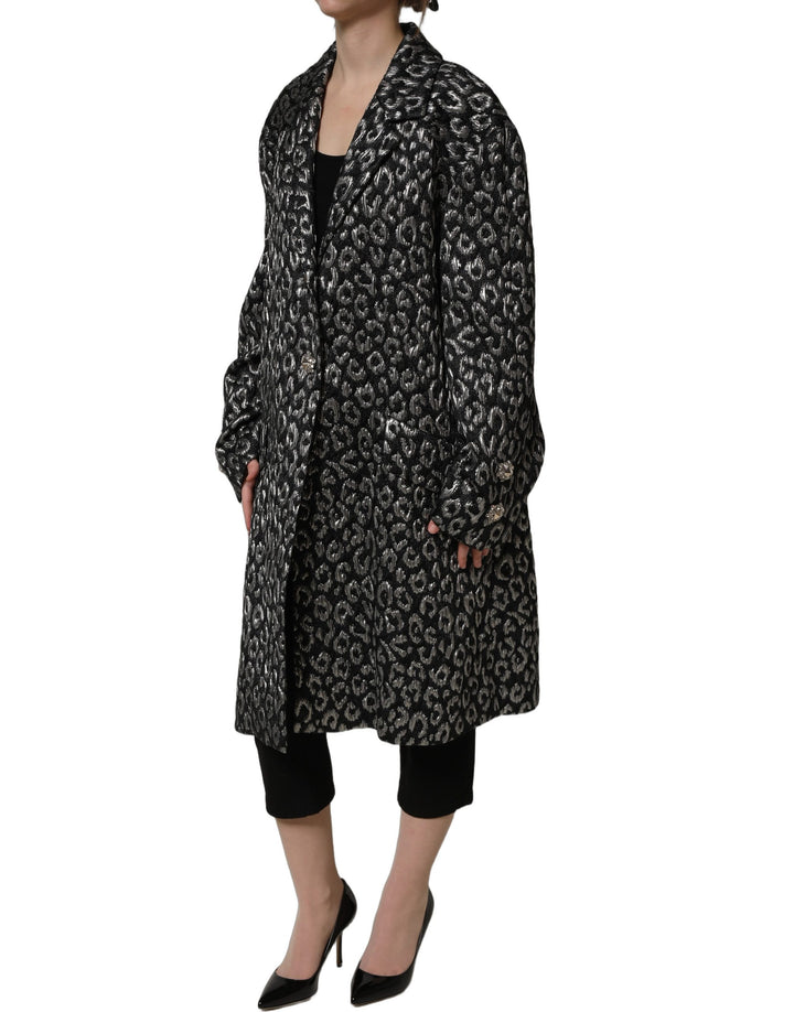 Dolce &amp; Gabbana Black Silver Jacquard Leopard Coat Jacket