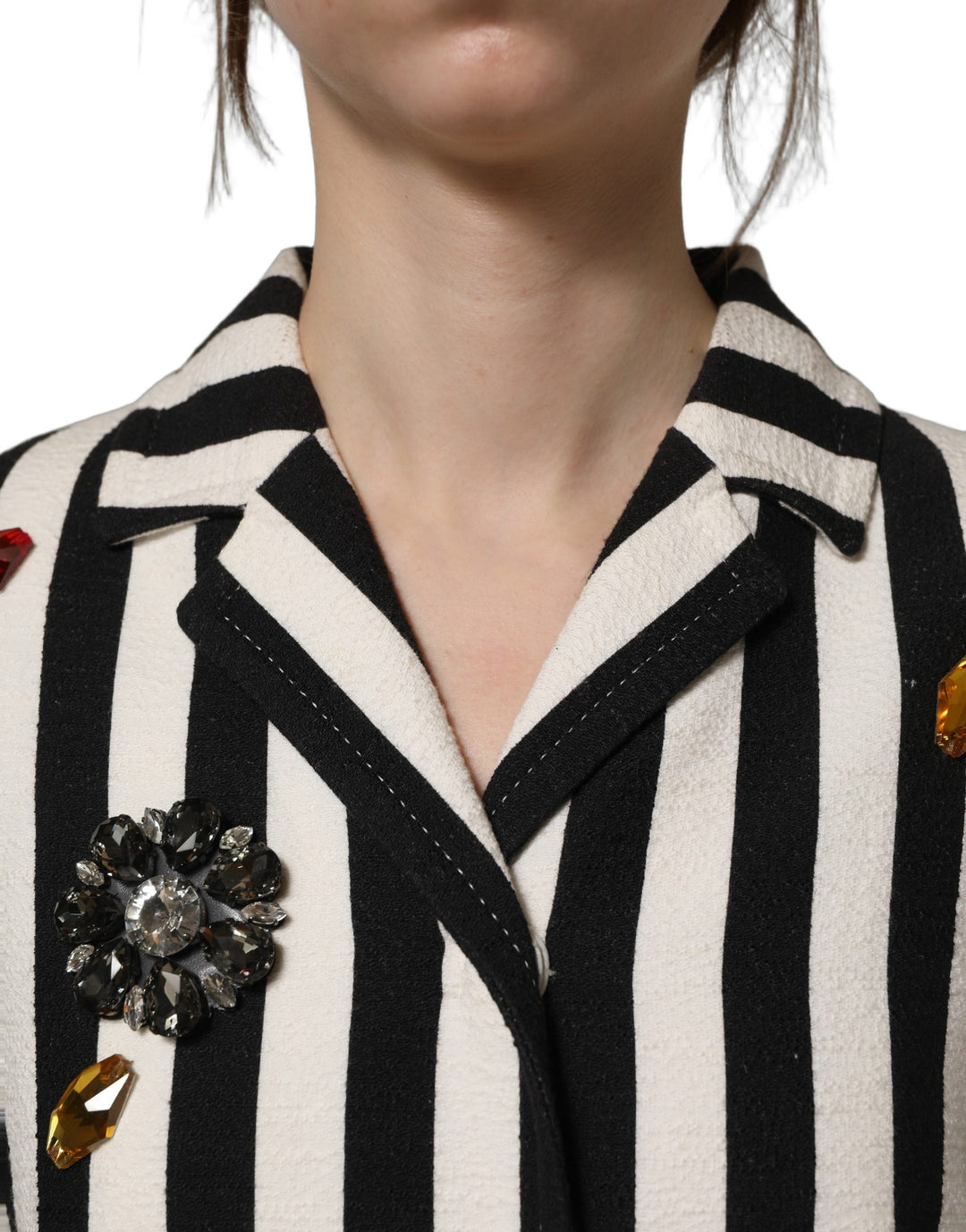 Dolce &amp; Gabbana Black White Striped Embellished Coat Jacket