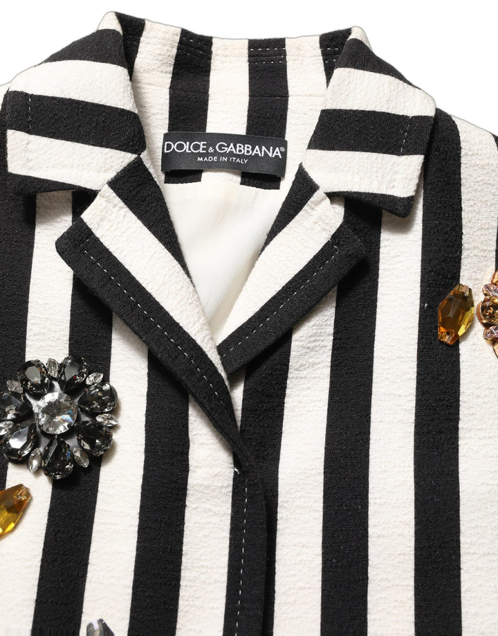 Dolce &amp; Gabbana Black White Striped Embellished Coat Jacket