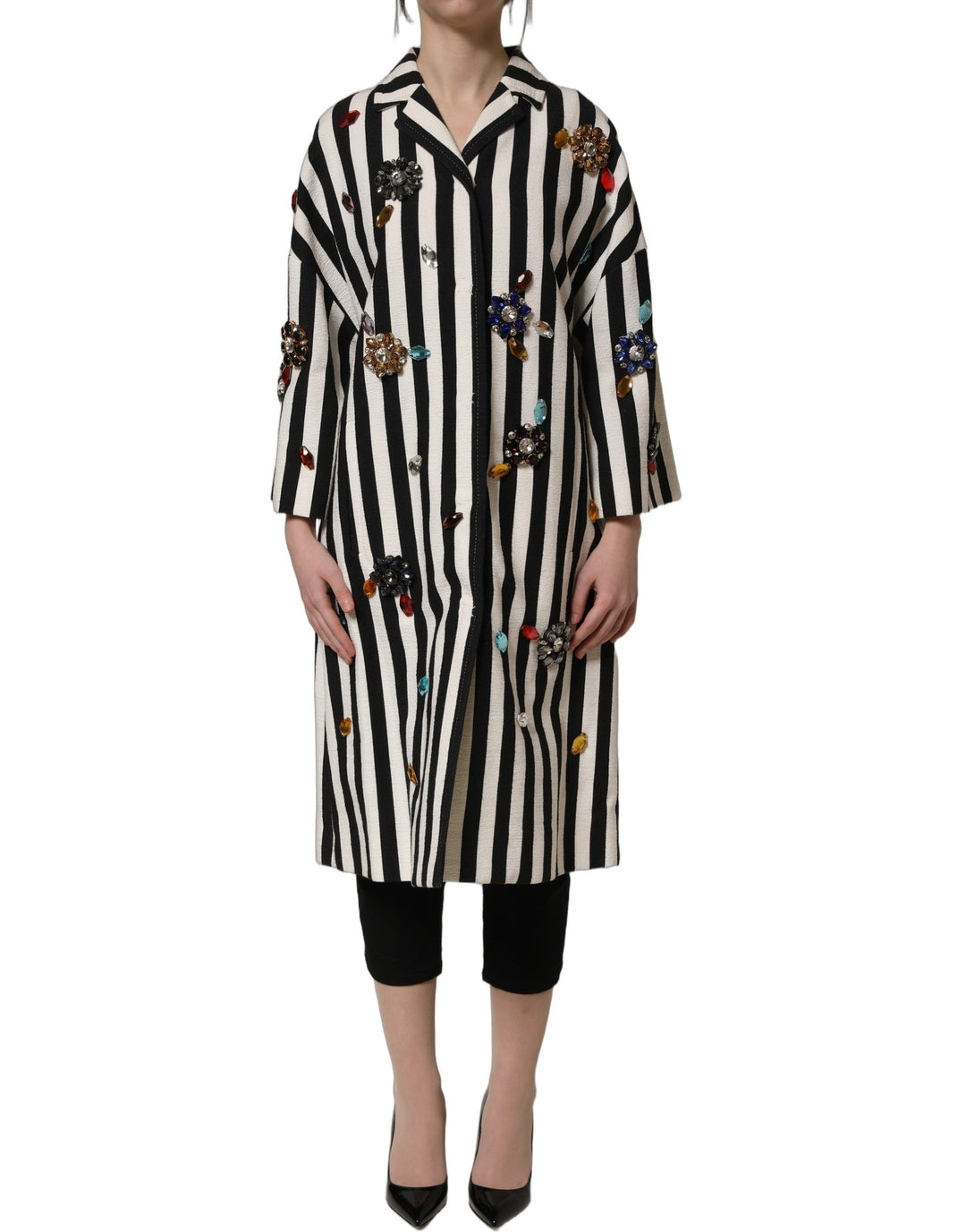 Dolce &amp; Gabbana Black White Striped Embellished Coat Jacket
