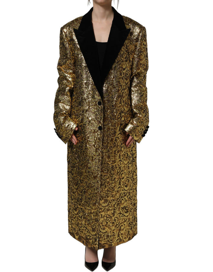 Dolce &amp; Gabbana Gold Floral Jacquard Wool Trench Coat Jacket