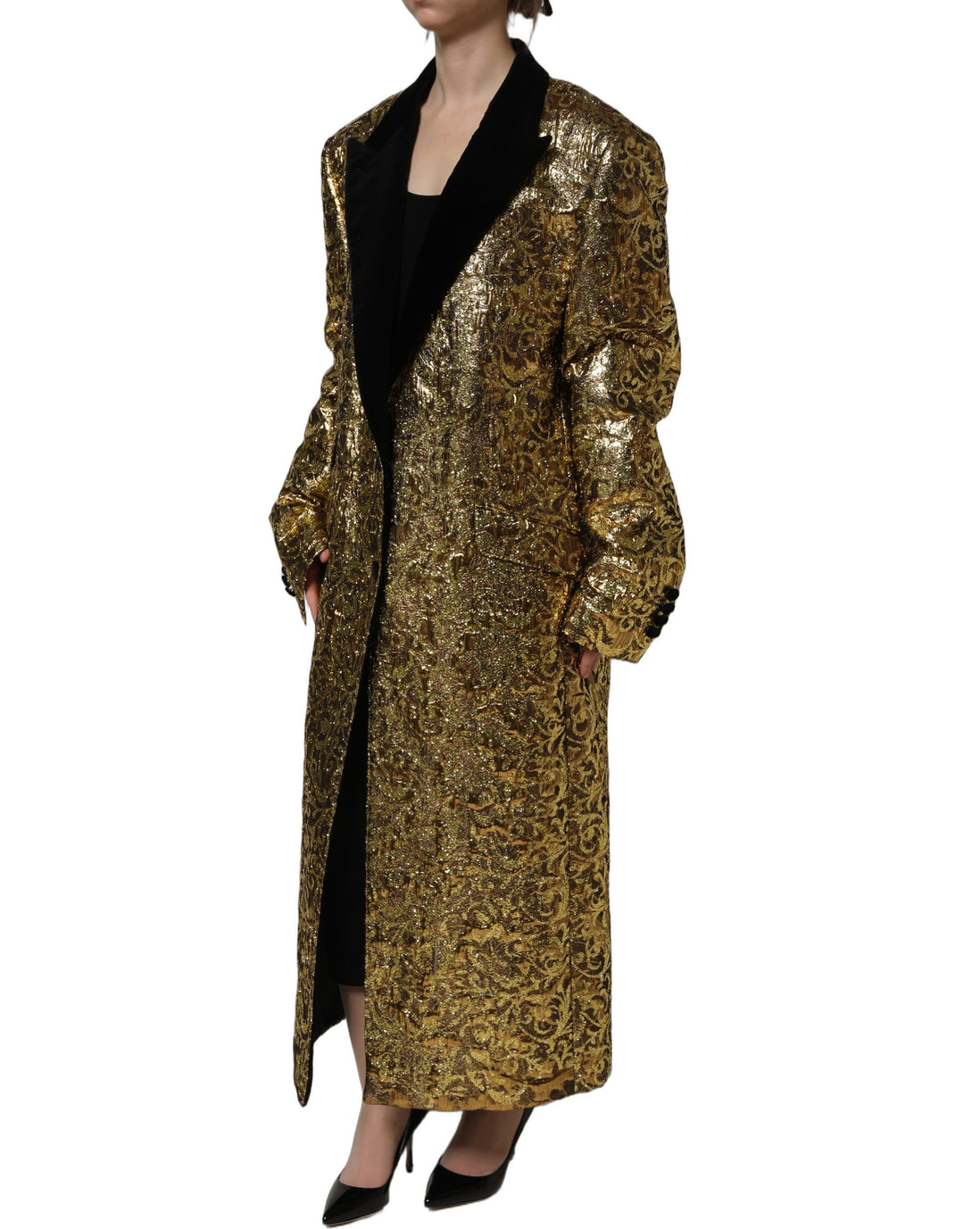 Dolce &amp; Gabbana Gold Floral Jacquard Wool Trench Coat Jacket
