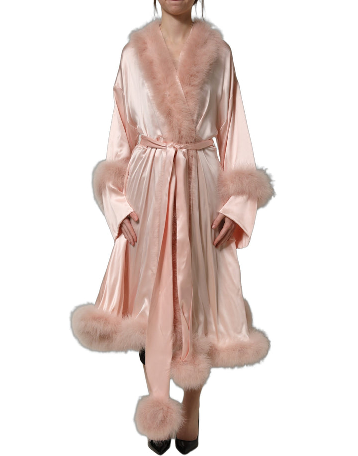 Dolce &amp; Gabbana Light Pink Silk Turkey Feather Robe Jacket