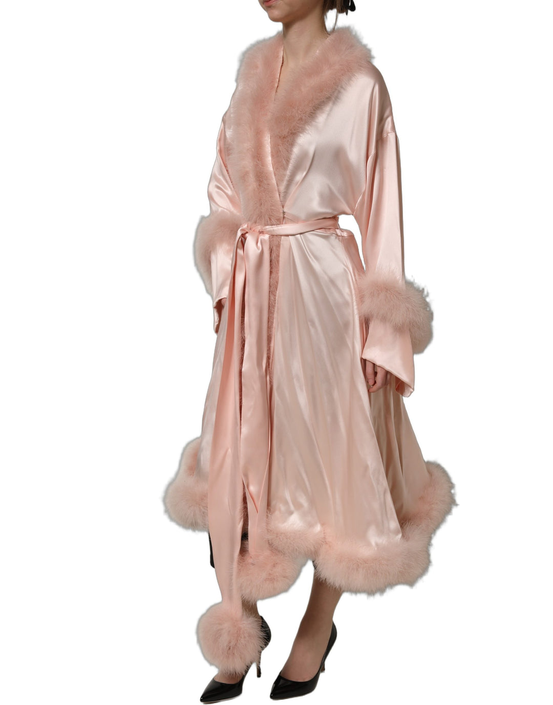 Dolce &amp; Gabbana Light Pink Silk Turkey Feather Robe Jacket