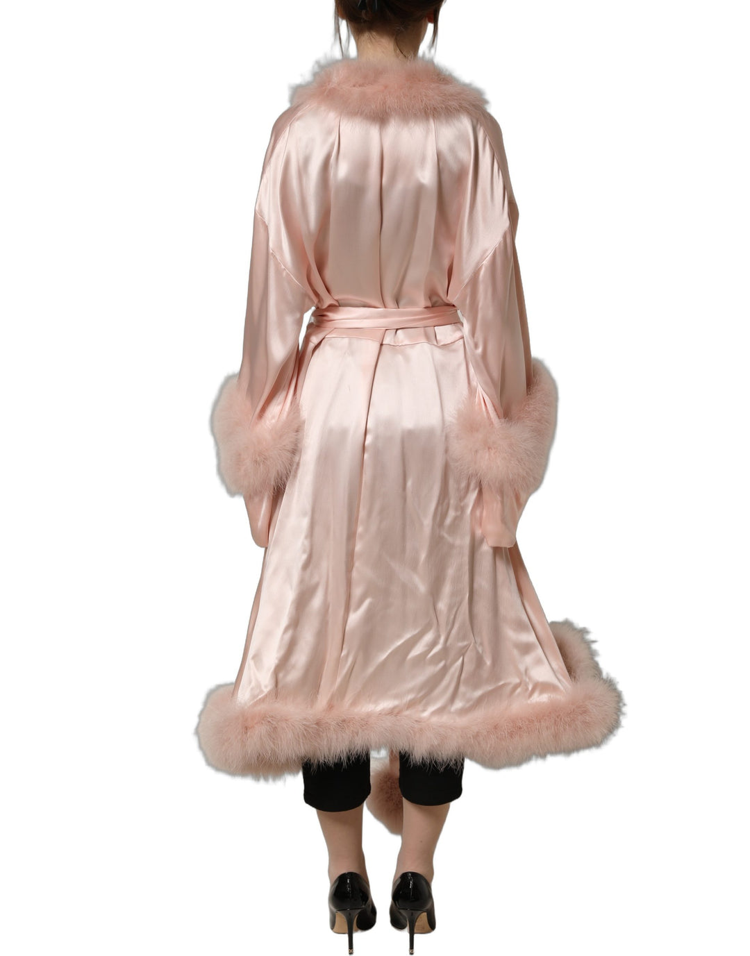 Dolce &amp; Gabbana Light Pink Silk Turkey Feather Robe Jacket