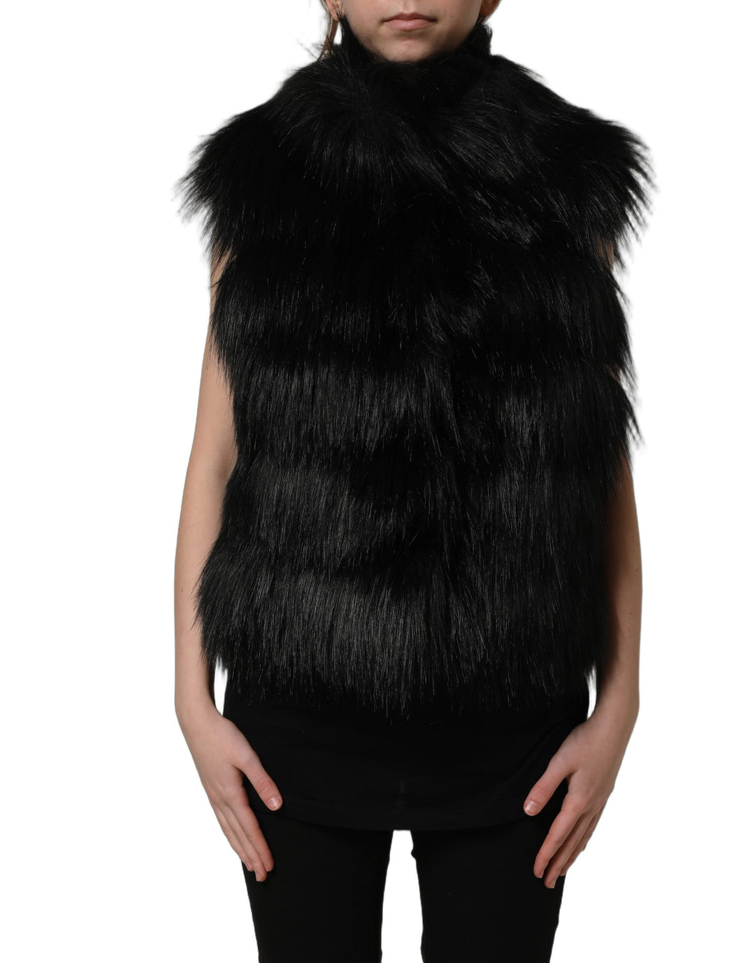 Dolce &amp; Gabbana Black Acrylic Faux Fur Sleeveless Vest Jacket