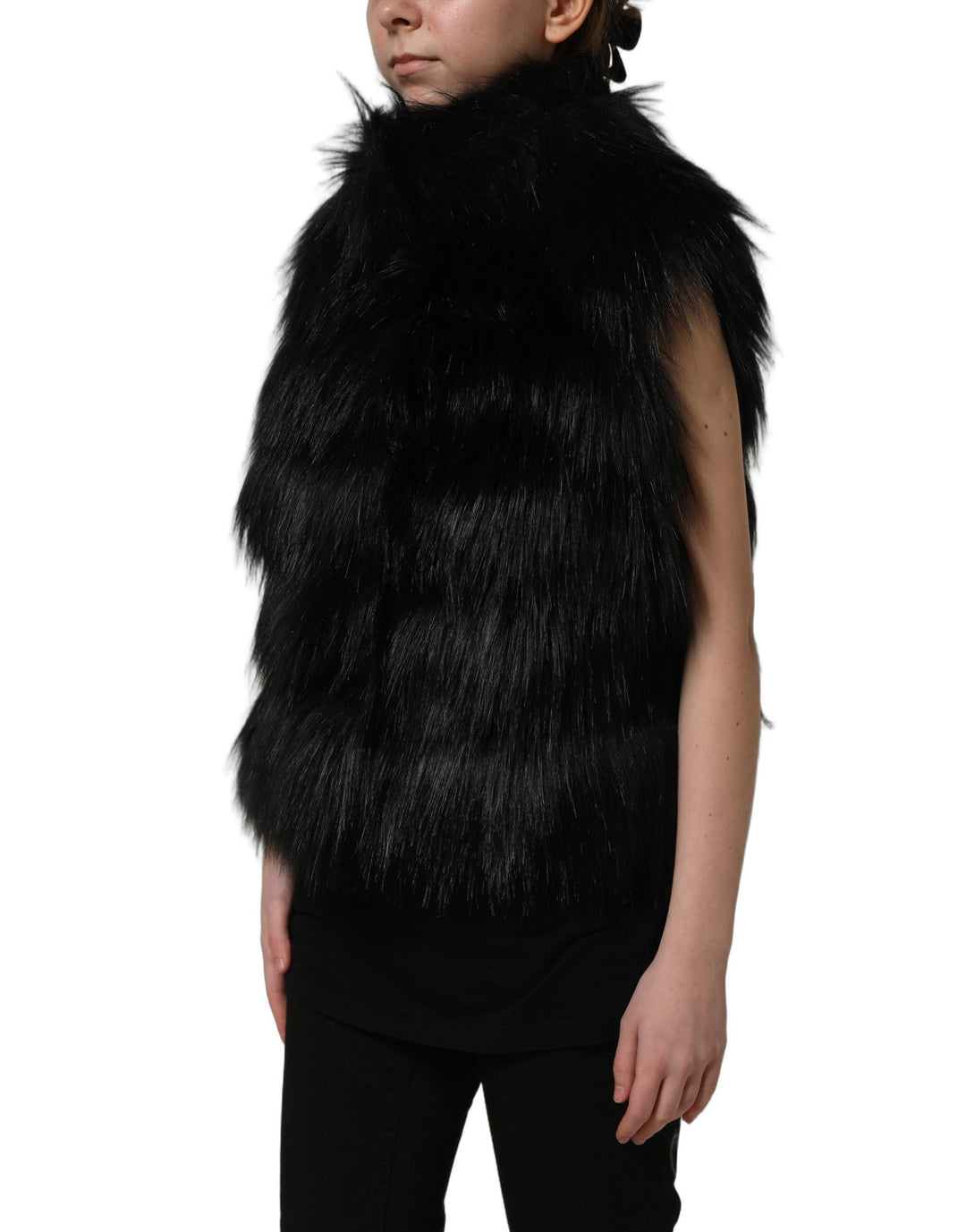 Dolce &amp; Gabbana Black Acrylic Faux Fur Sleeveless Vest Jacket