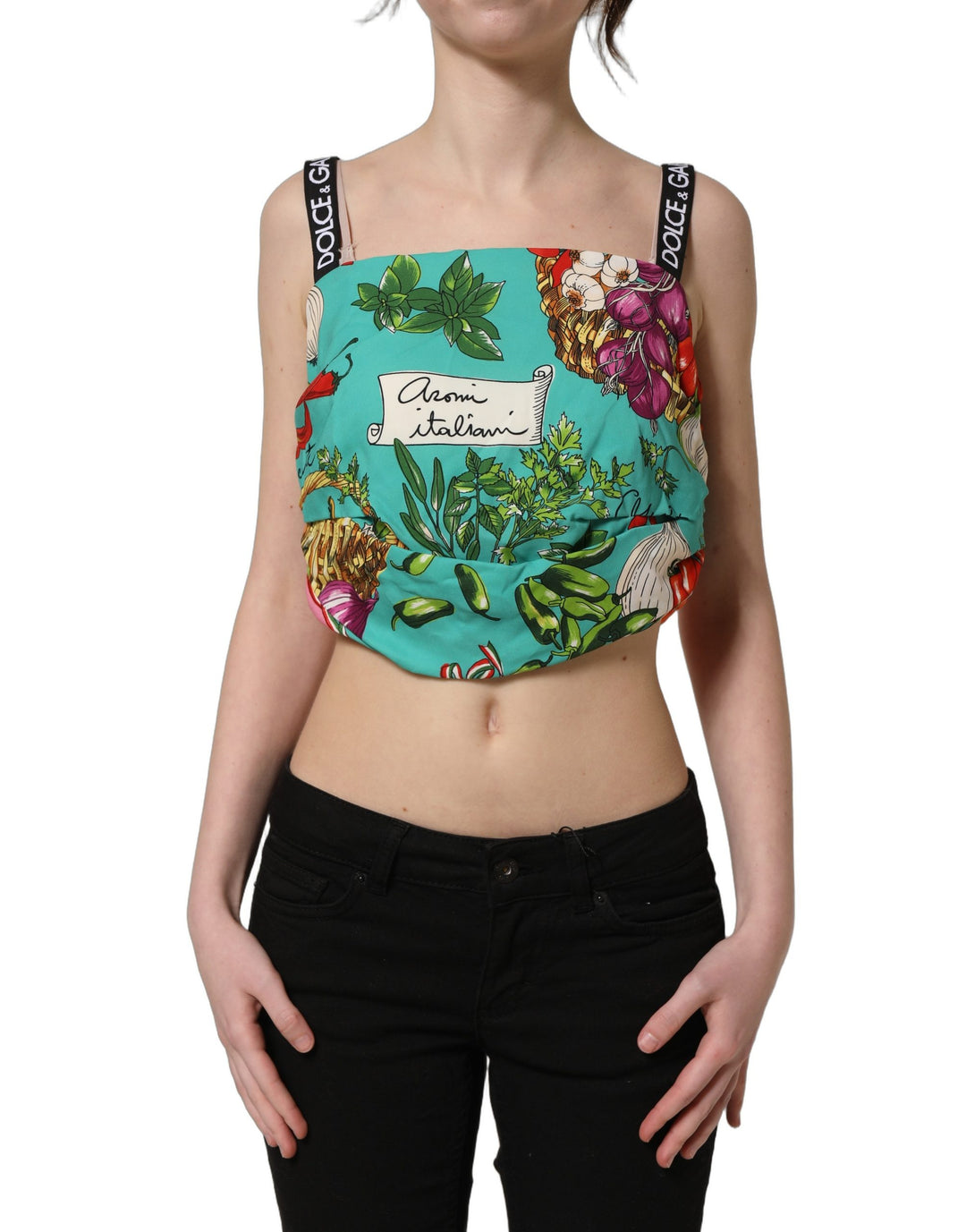 Dolce &amp; Gabbana Multicolor Silk Vegetable Print Cropped Top