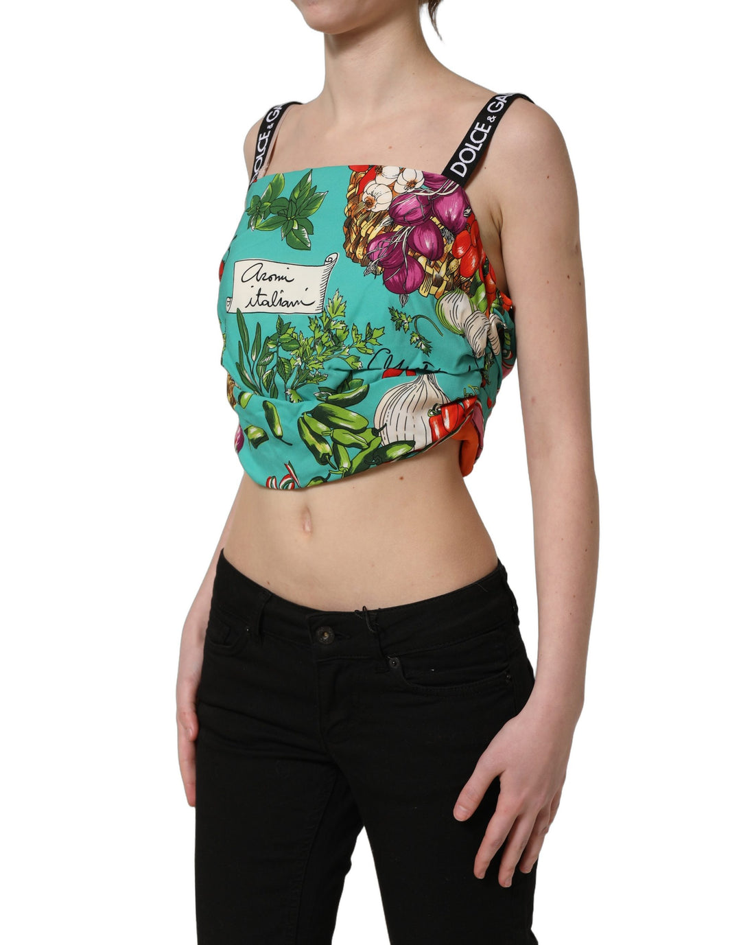 Dolce &amp; Gabbana Multicolor Silk Vegetable Print Cropped Top