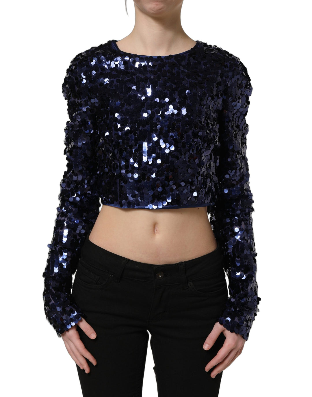 Dolce &amp; Gabbana Blue Sequined Long Sleeves Crop Blouse Top