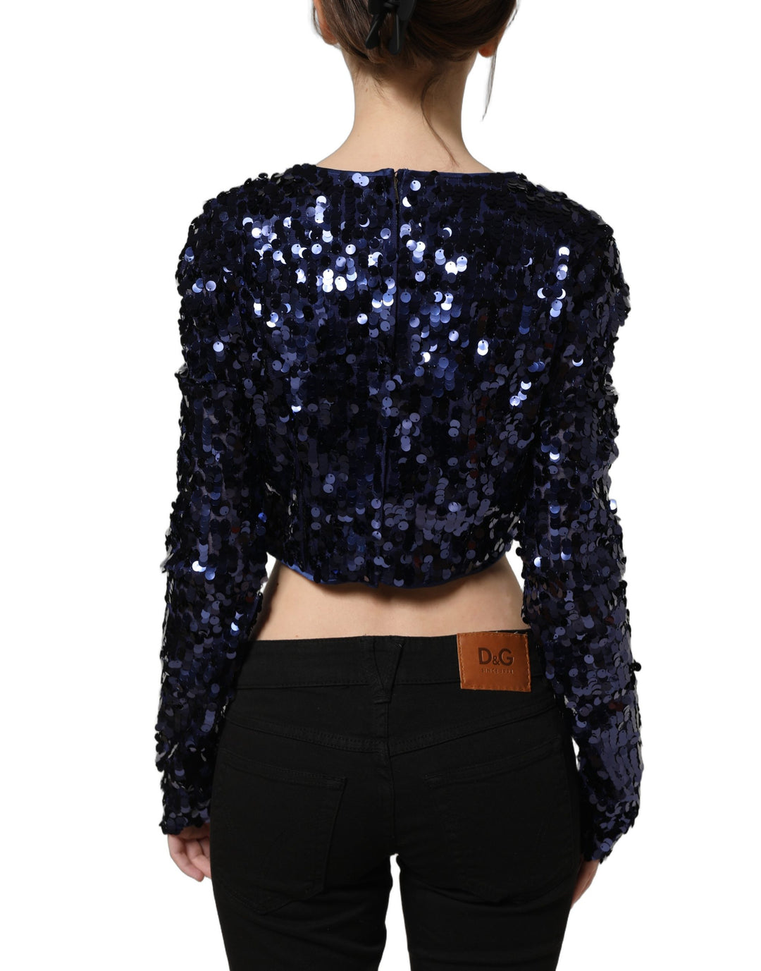 Dolce &amp; Gabbana Blue Sequined Long Sleeves Crop Blouse Top