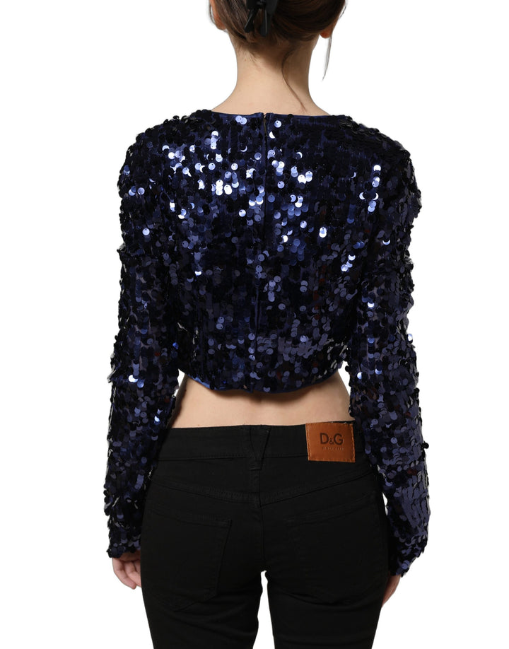 Dolce &amp; Gabbana Blue Sequined Long Sleeves Crop Blouse Top