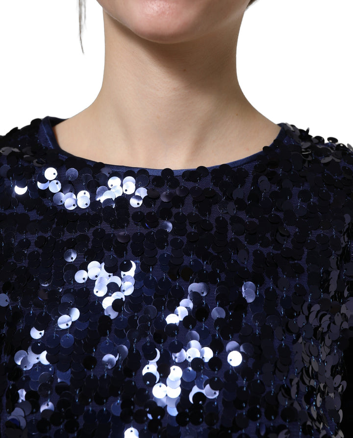 Dolce &amp; Gabbana Blue Sequined Long Sleeves Crop Blouse Top