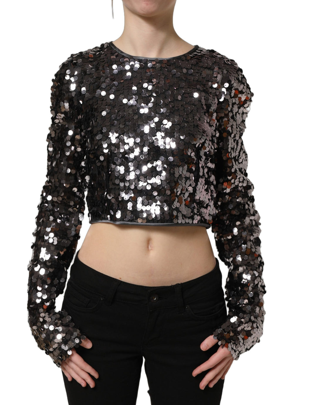 Dolce &amp; Gabbana Black Sequined Long Sleeves Crop Blouse Top
