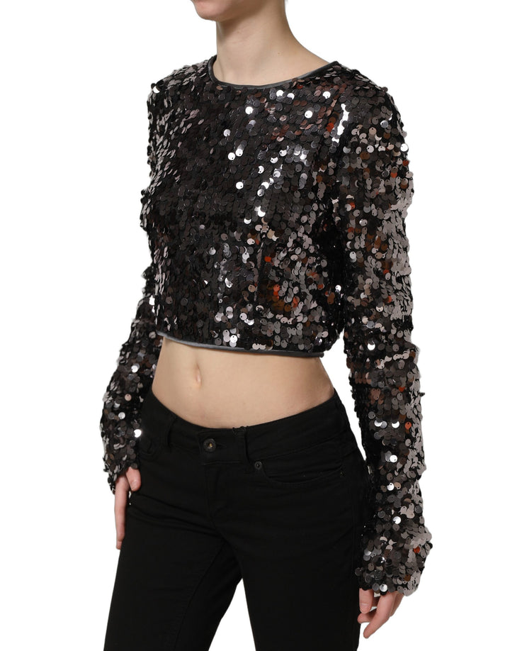 Dolce &amp; Gabbana Black Sequined Long Sleeves Crop Blouse Top
