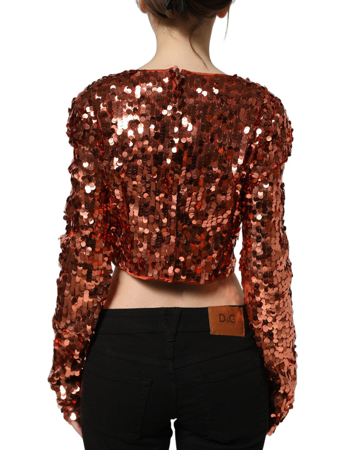 Dolce &amp; Gabbana Red Sequined Long Sleeves Crop Blouse Top